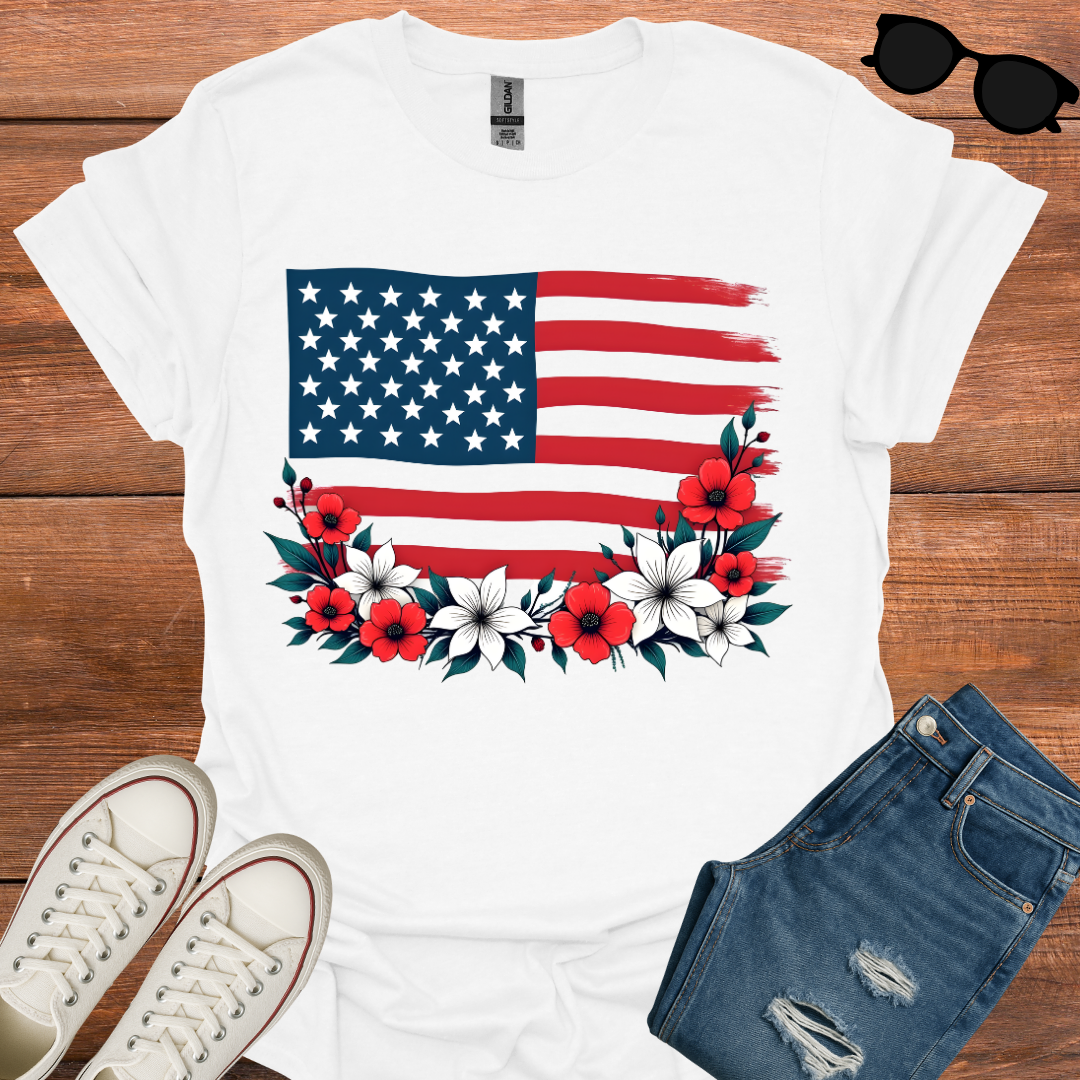 Floral USA Flag T-Shirt