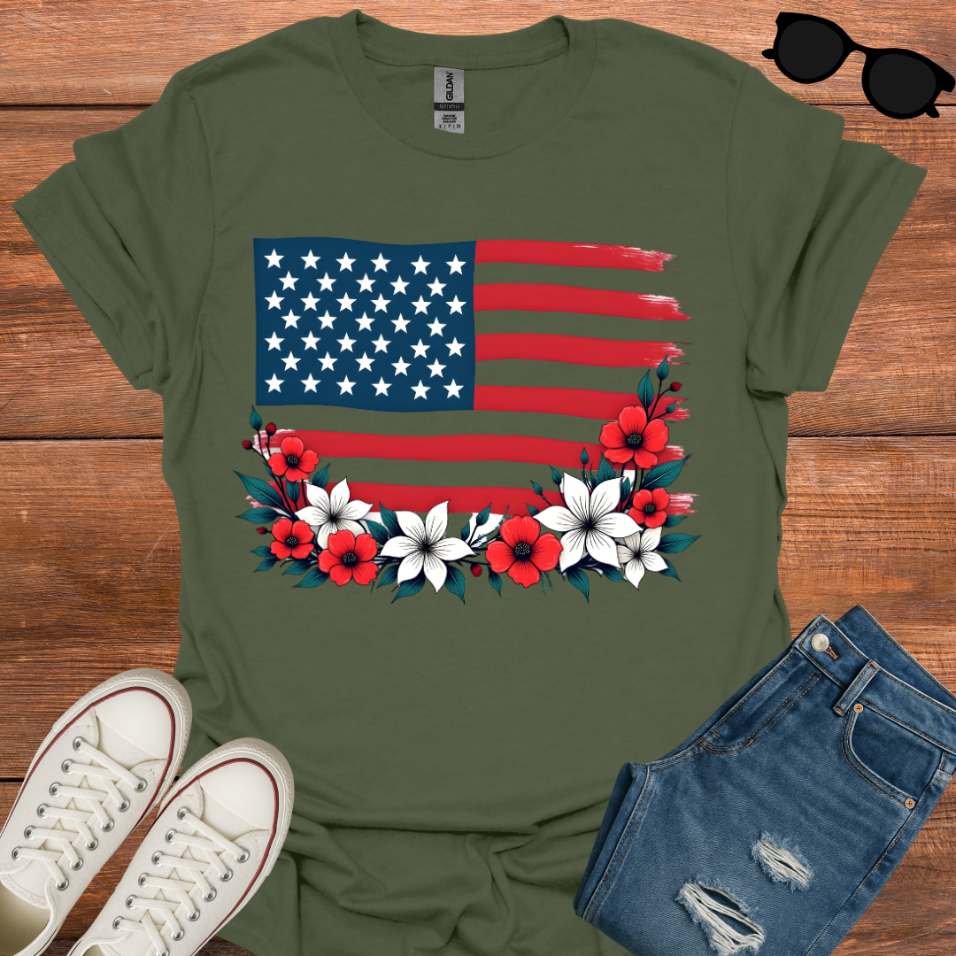 Floral USA Flag T-Shirt